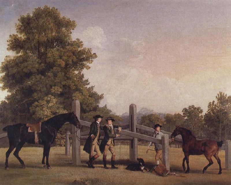 George Stubbs The Third Duke of Portand and his Brother,Lord Edward Bentinck,with Two Horses at a Leaping Bar
